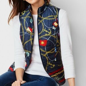 TALBOTS NAUTICAL PRINT NAVY MULTICOLOR FULL ZIP QUILTED PUFFER VEST WOMENS L NEW